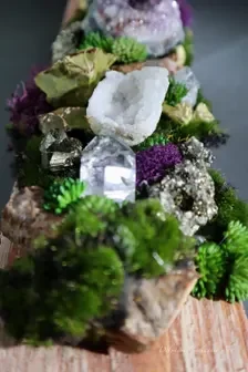 One of a kind mixed media wall sculpture with natural gemstones, wood and organic green textures Contemporary amethyst and quartz