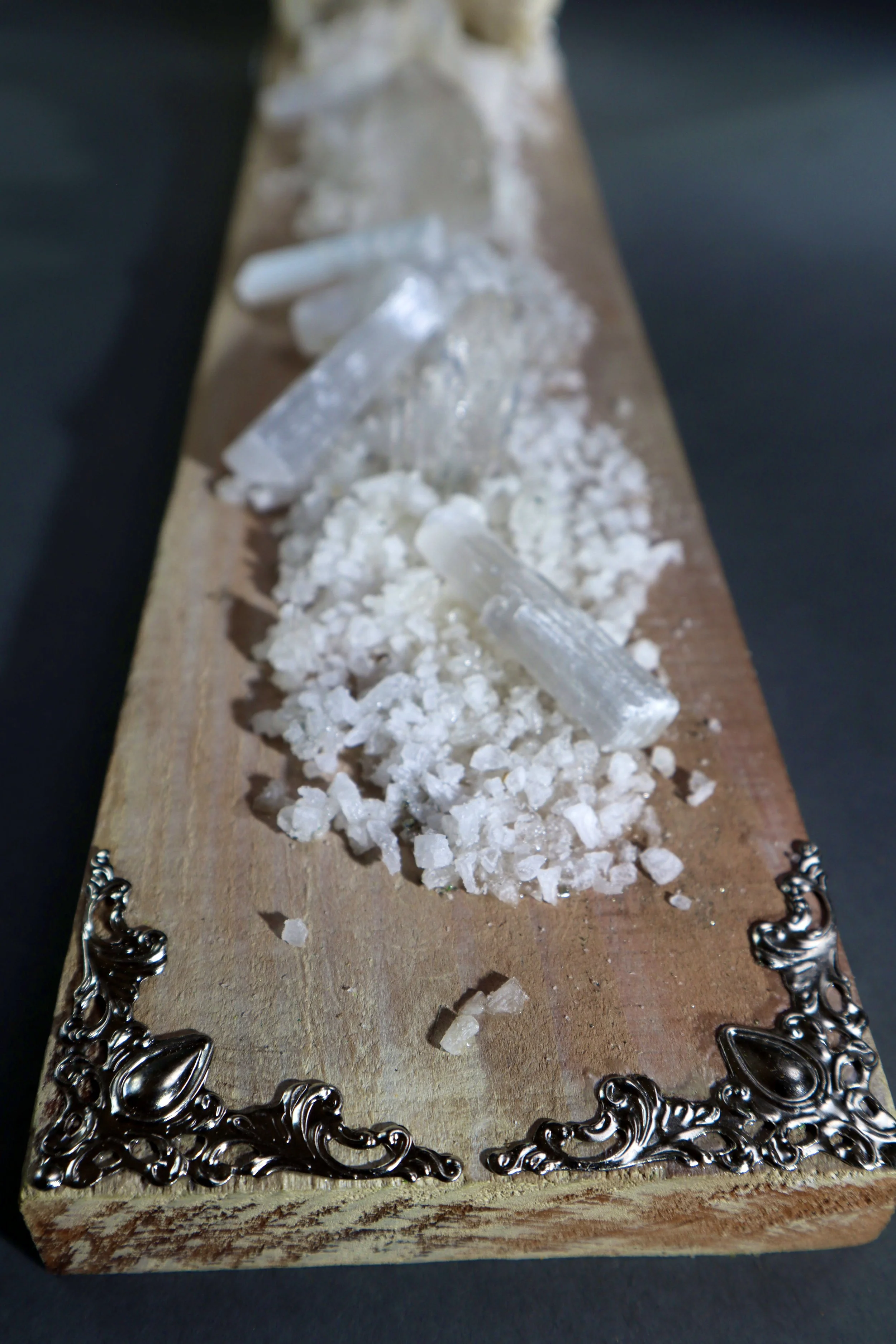 Contemporary white crystal wall art with selenite, clear quartz and geode in an elongated format