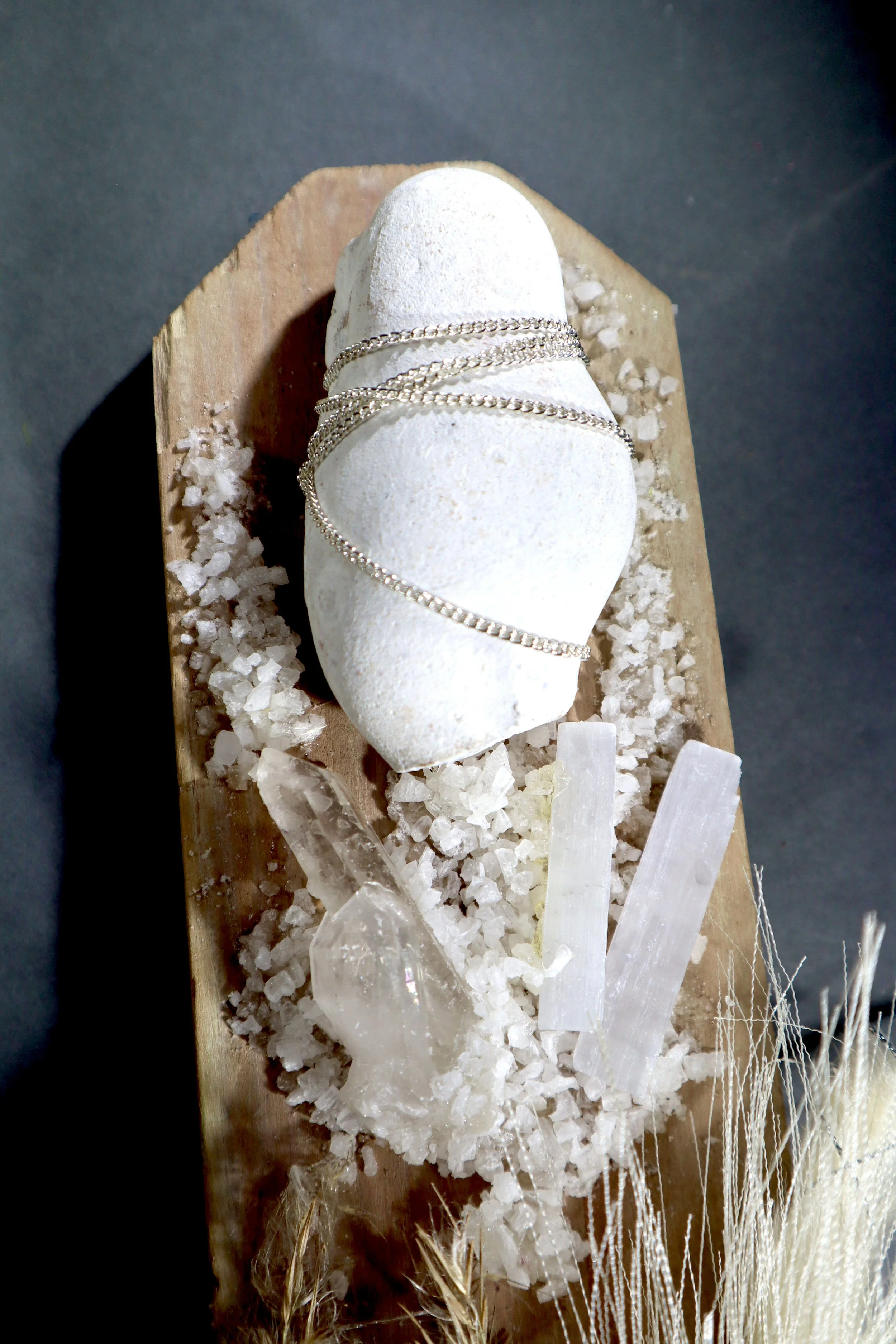 One of a kind white mineral artwork with geode, selenite and sculptural botanical textures