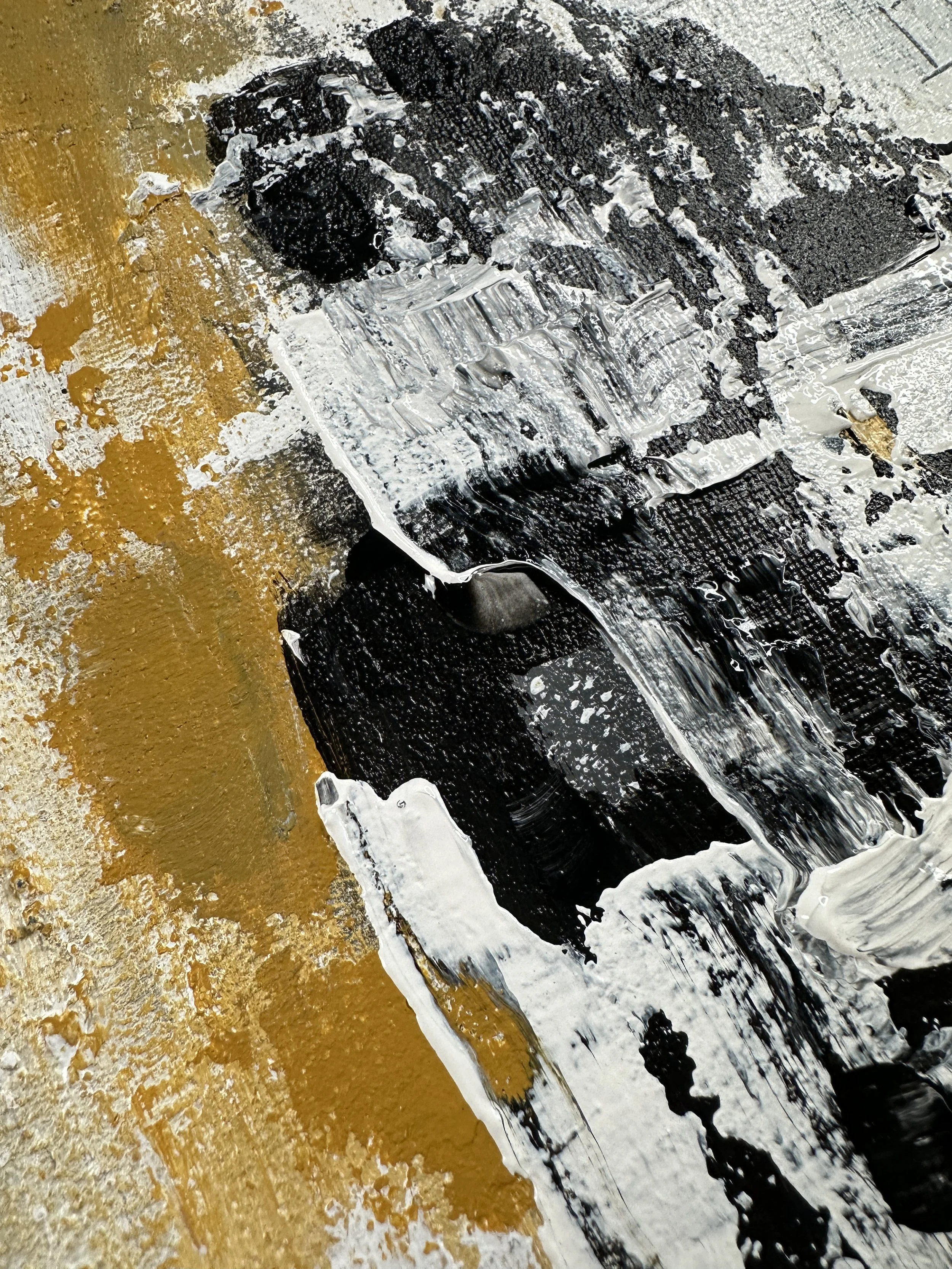 Neutral abstract wall art in black white and ochre, vertical 10x20 modern acrylic painting