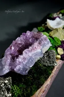 Contemporary amethyst and quartz wall art with pyrite and natural wood in an elongated sculptural format