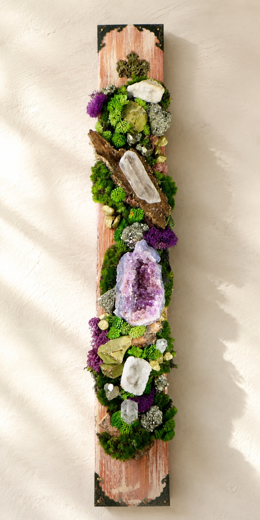 Amethyst mineral wall sculpture with clear quartz, pyrite, green opal and natural wood by Delphine Callegher