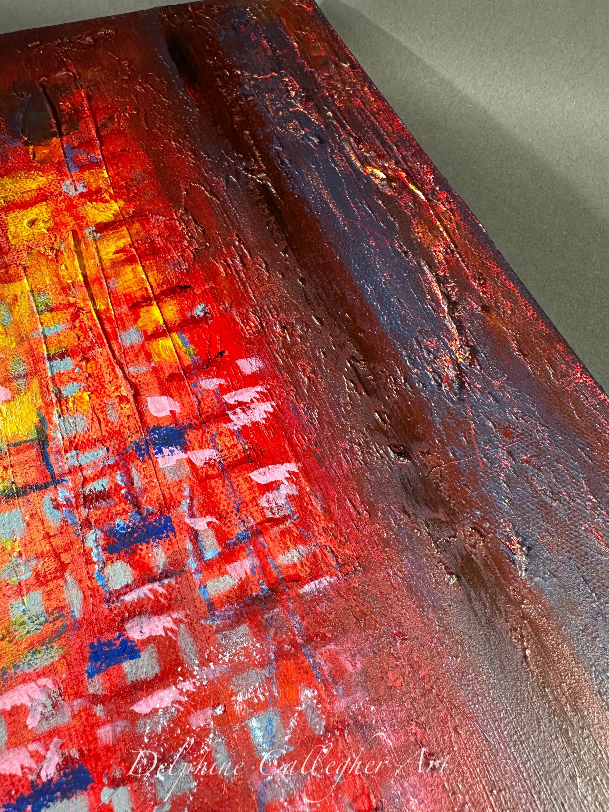 Red and ochre abstract painting with layered acrylic texture, burgundy and luminous yellow contemporary art