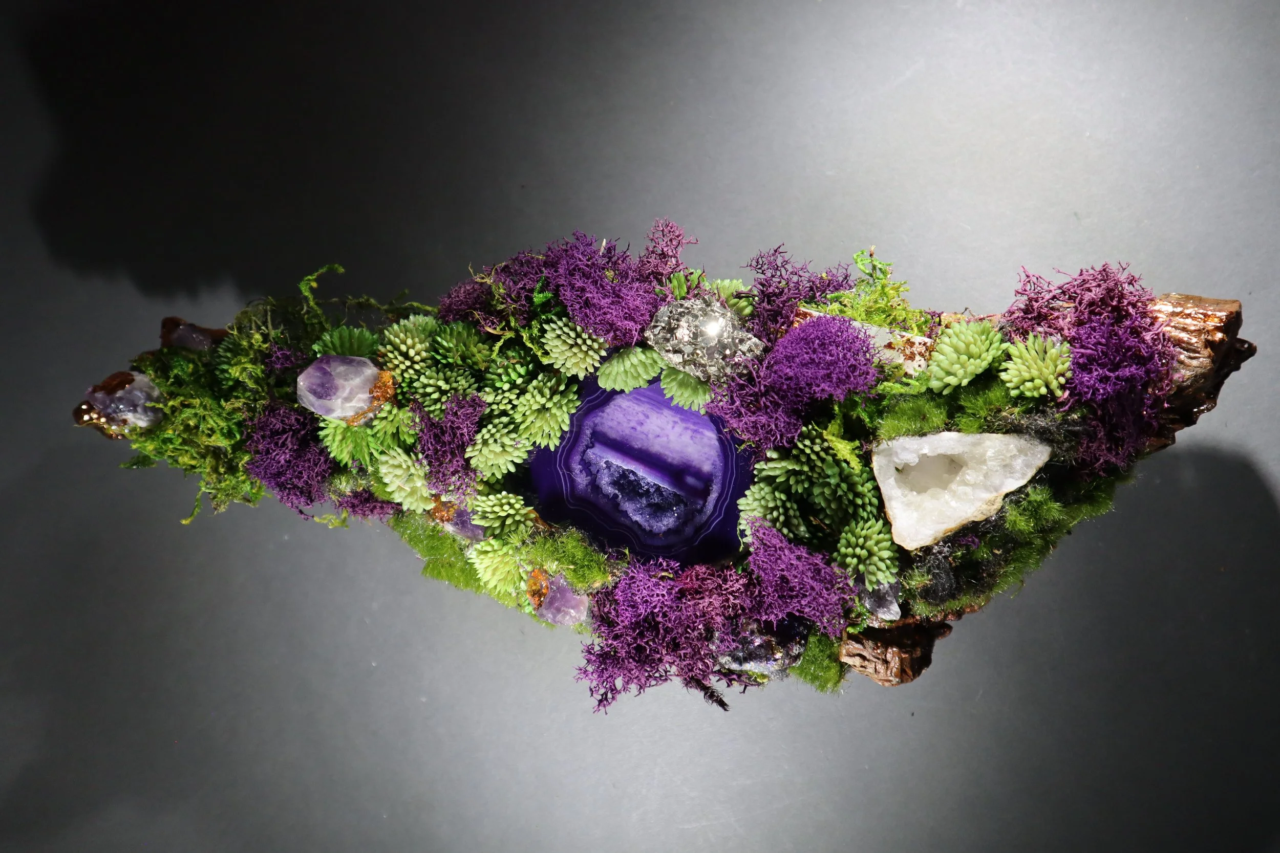 Purple gemstone art object with amethyst, agate and natural wood for console table or shelf decor