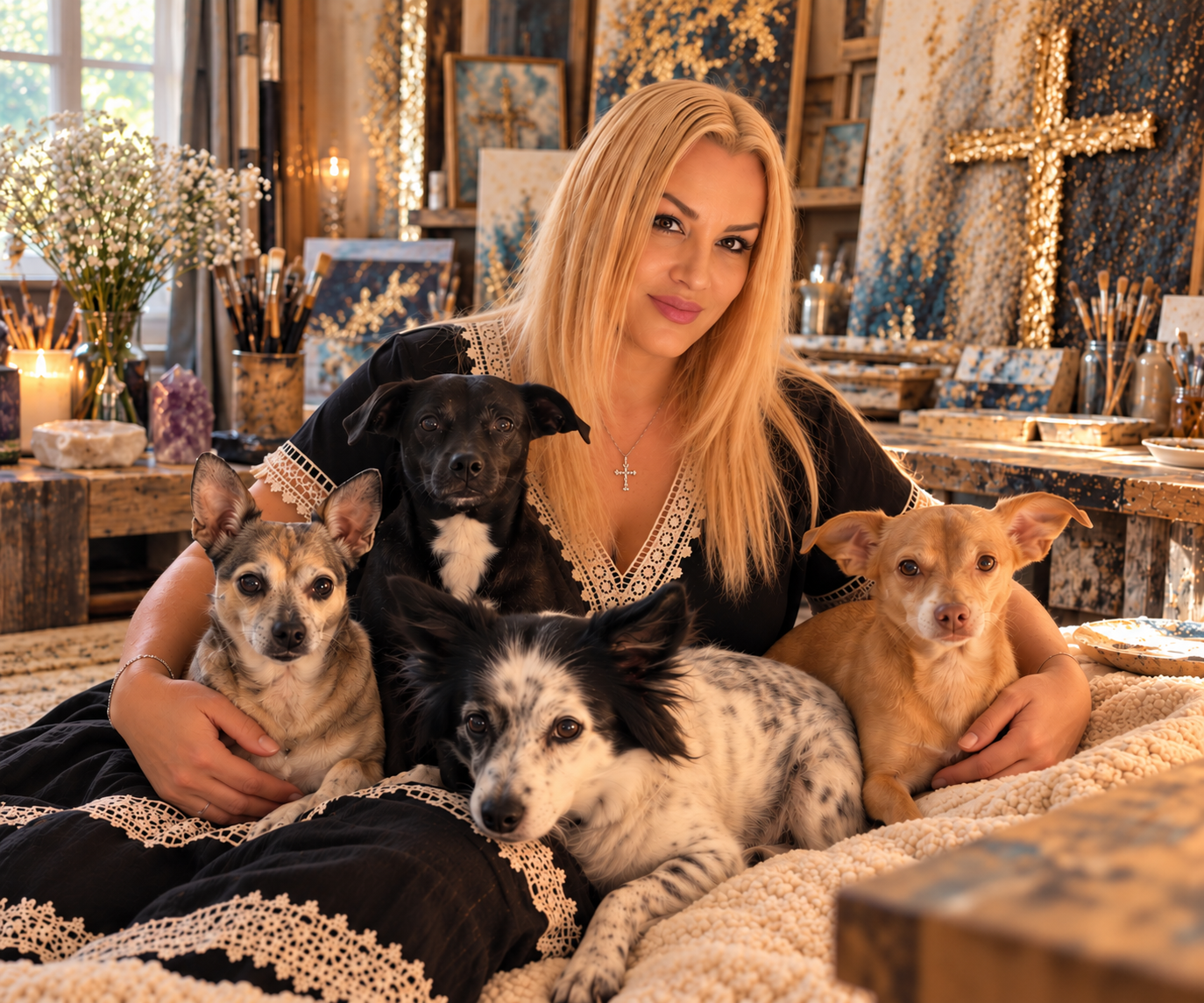 Contemporary artist Delphine Callegher in her art studio with her four rescue dogs