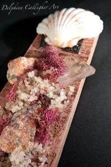 Collectible mineral wall art from the Earth and Form series with pink stone, shell and wood composition
