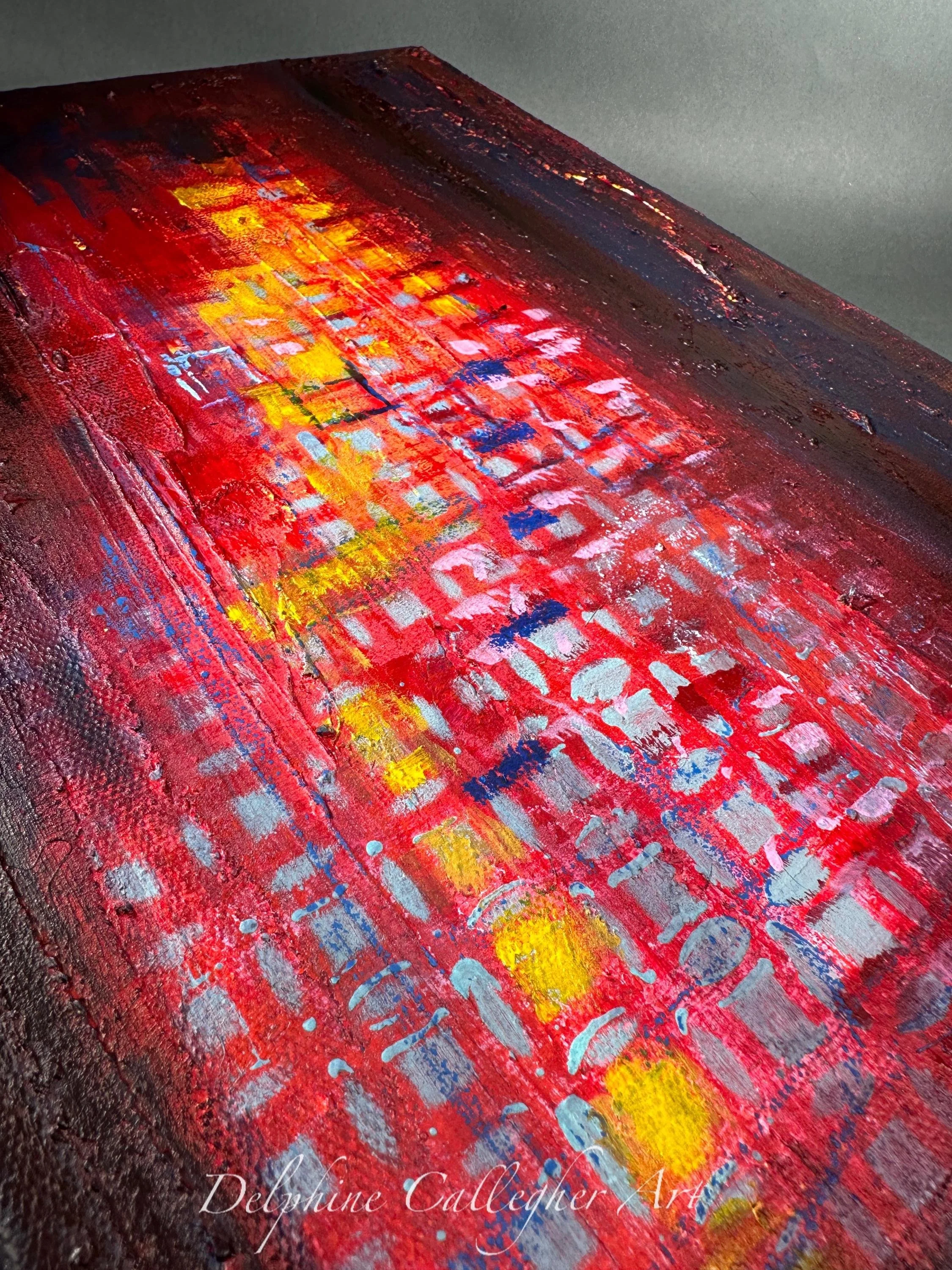 Modern abstract acrylic wall art in red, burgundy, ochre and yellow with expressive textured brushwork