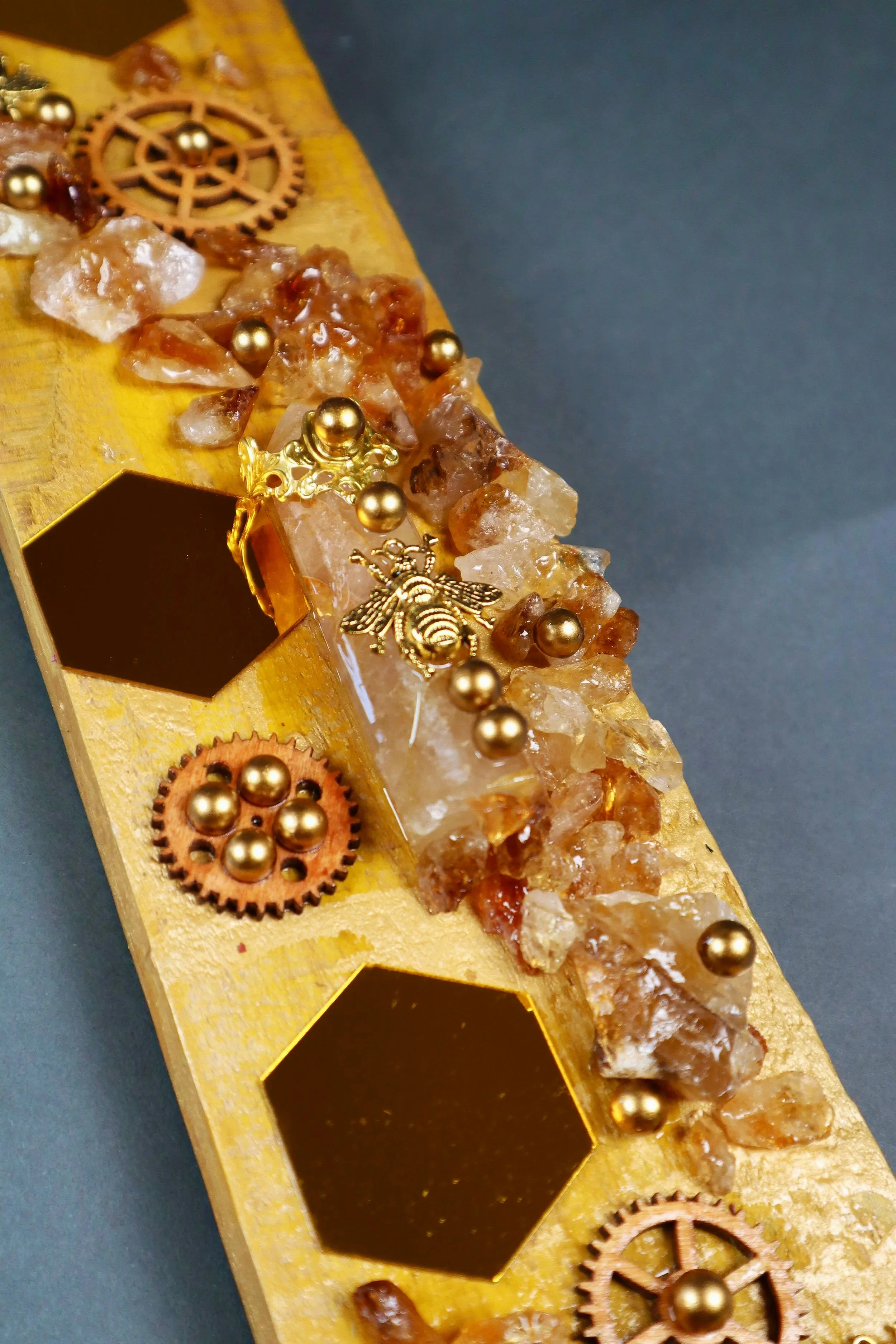 Golden gemstone wall art with honeycomb design, citrine, quartz and contemporary mixed media texture