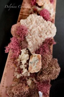 Contemporary blush and coral wall artwork with pink dolomite, quartz and natural seashell elements