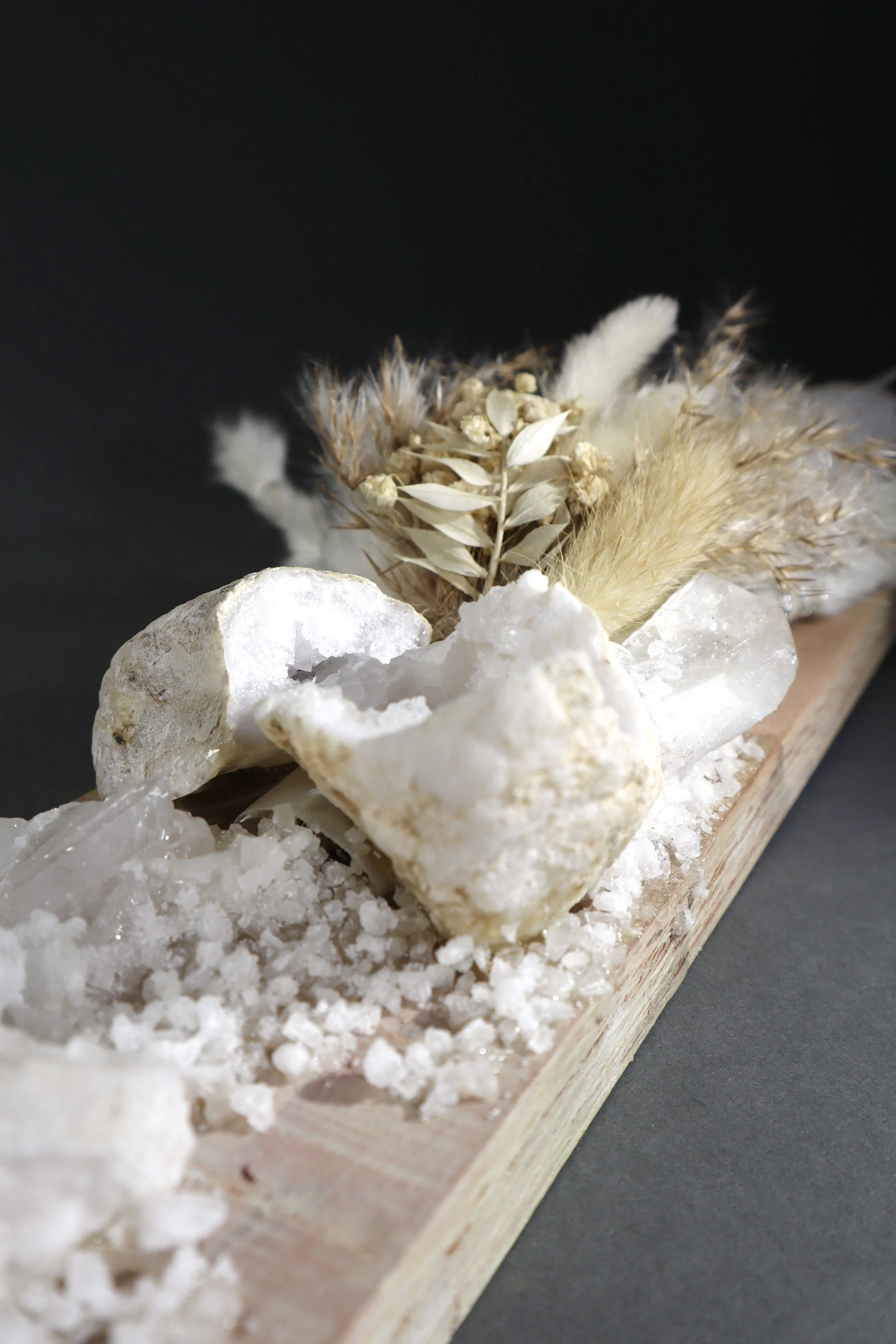 Original white gemstone wall artwork with selenite, clear quartz and Moroccan geode for contemporary interiors