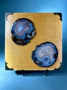Original agate slice artwork with natural crystal formations and wood panel by Delphine Callegher