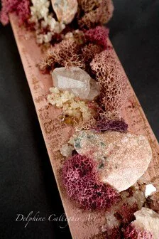 Original pink gemstone wall artwork with natural wood, quartz, dolomite and shell textures for contemporary interiors