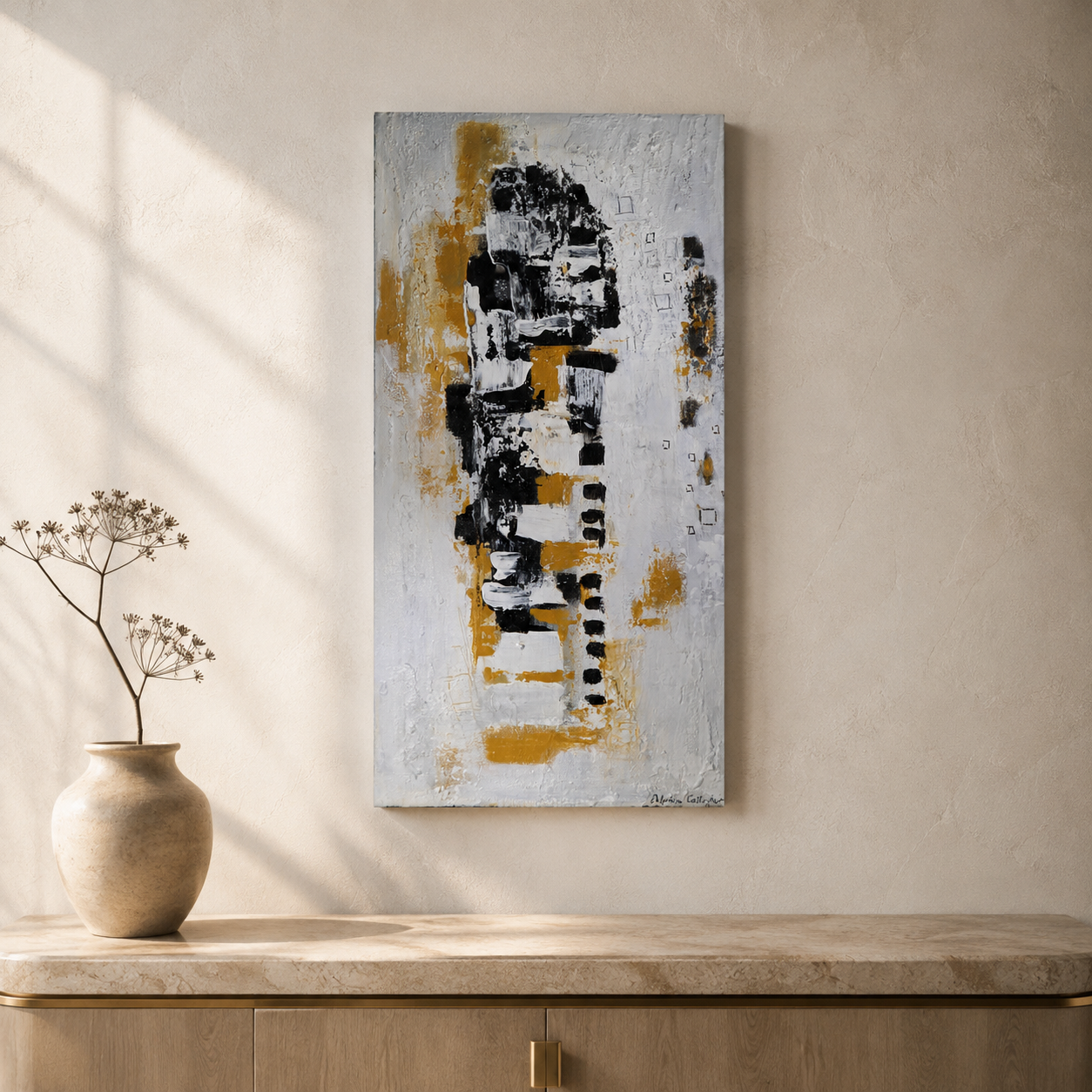 Original black ochre and white abstract acrylic painting by Delphine Callegher for contemporary wall decor