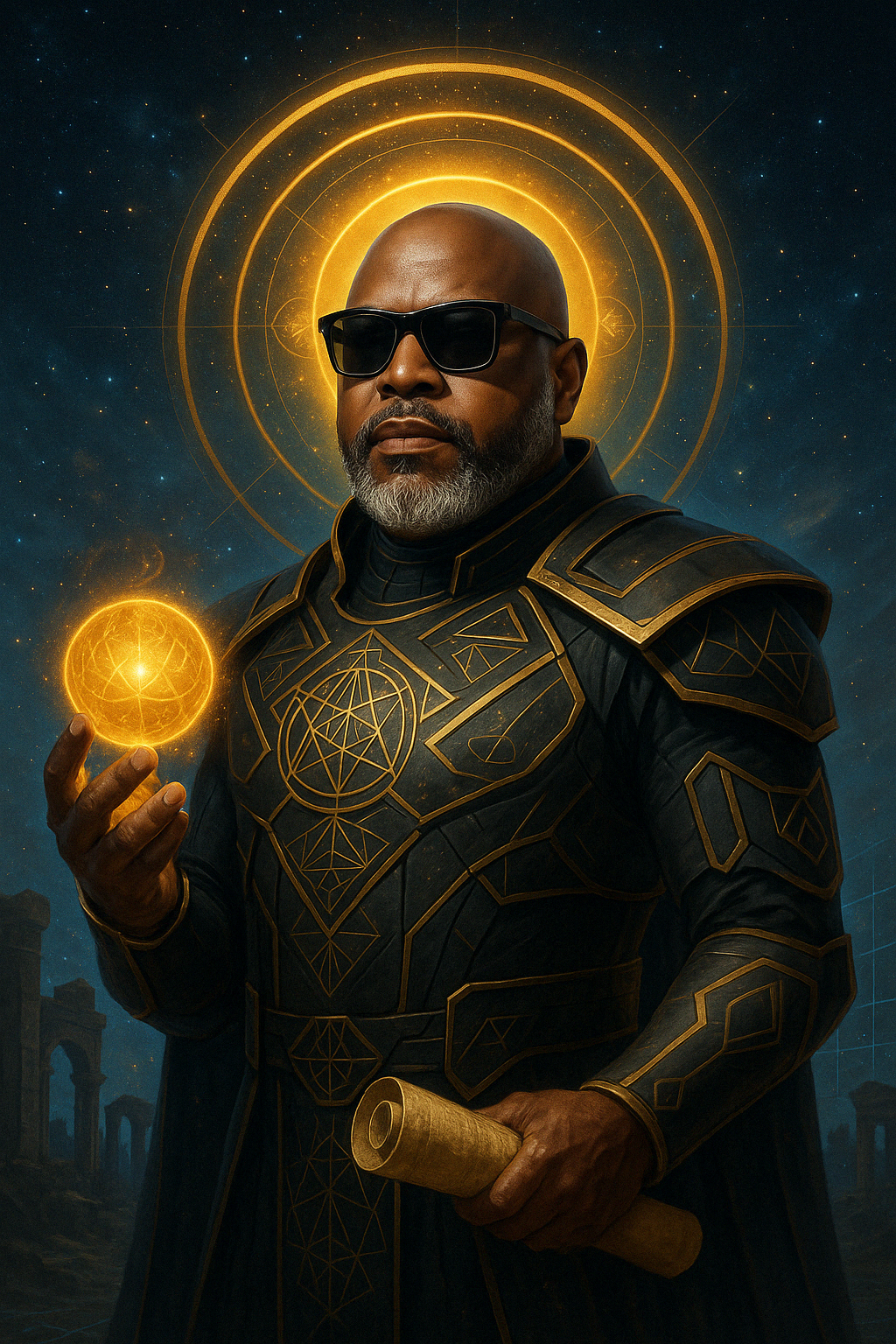 A man with dark sunglasses and gray beard dressed in a black and gold patterned futuristic armor holds a glowing golden sphere in one hand and a scroll in the other, standing against a cosmic background with glowing rings and stars.