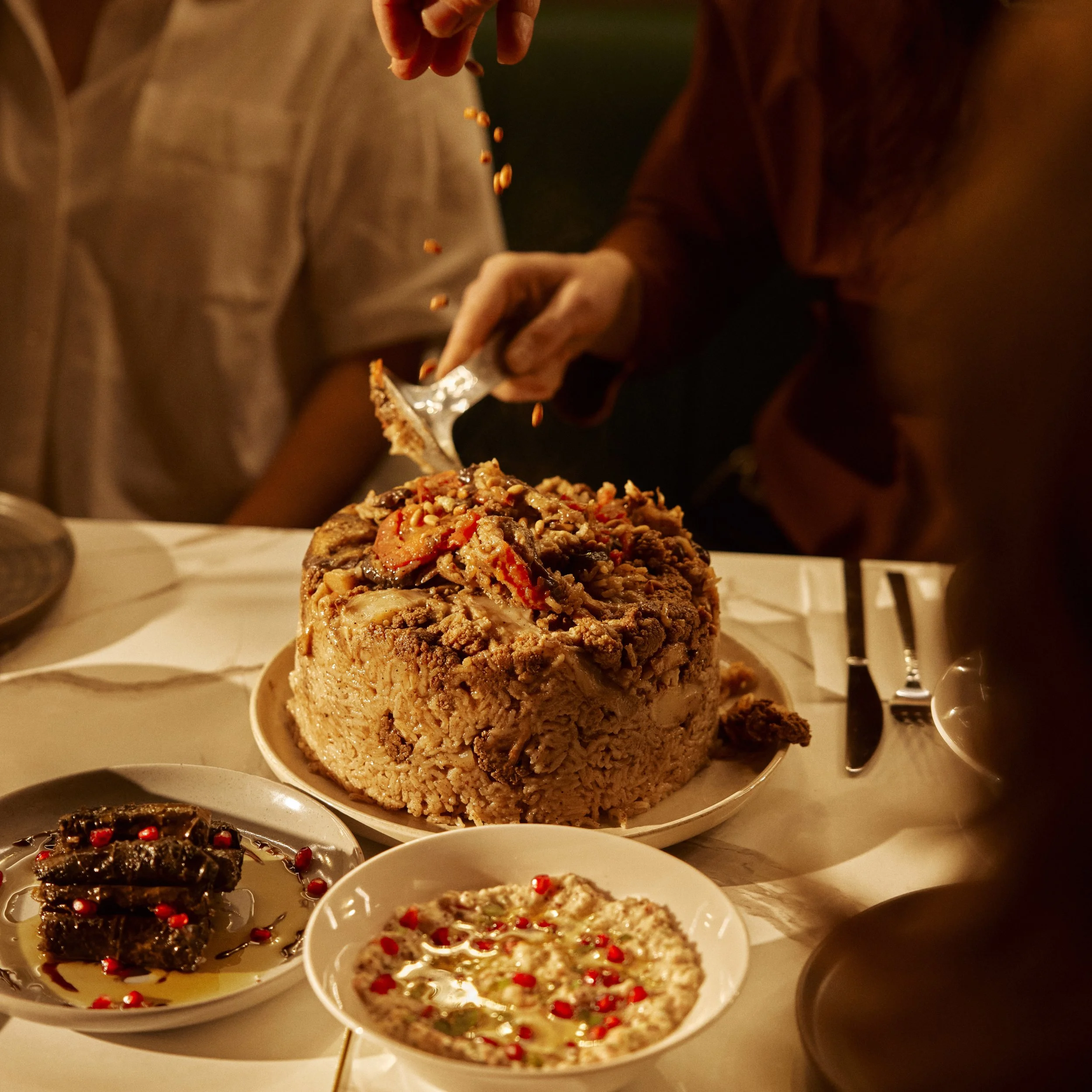 Various dishes including a large chunk of meatloaf, chocolate dessert topped with red sprinkles, and multiple bowls of pudding with toppings.