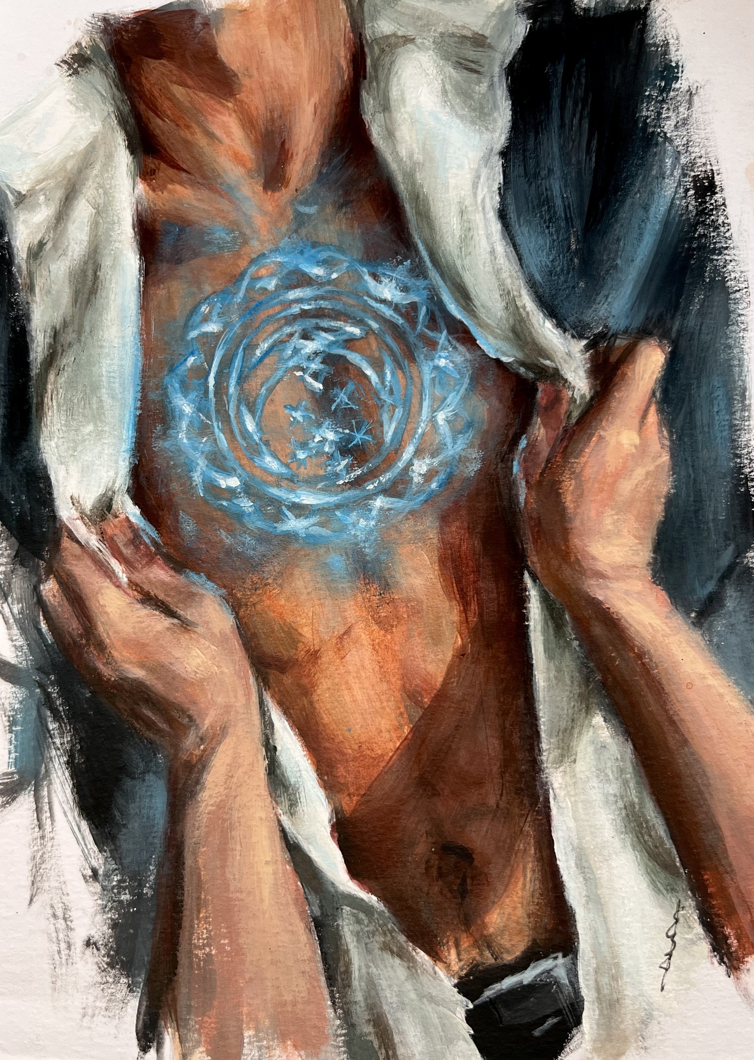 An abstract painting of a nude woman with crossed arms, with a glowing blue spiral pattern on her torso.