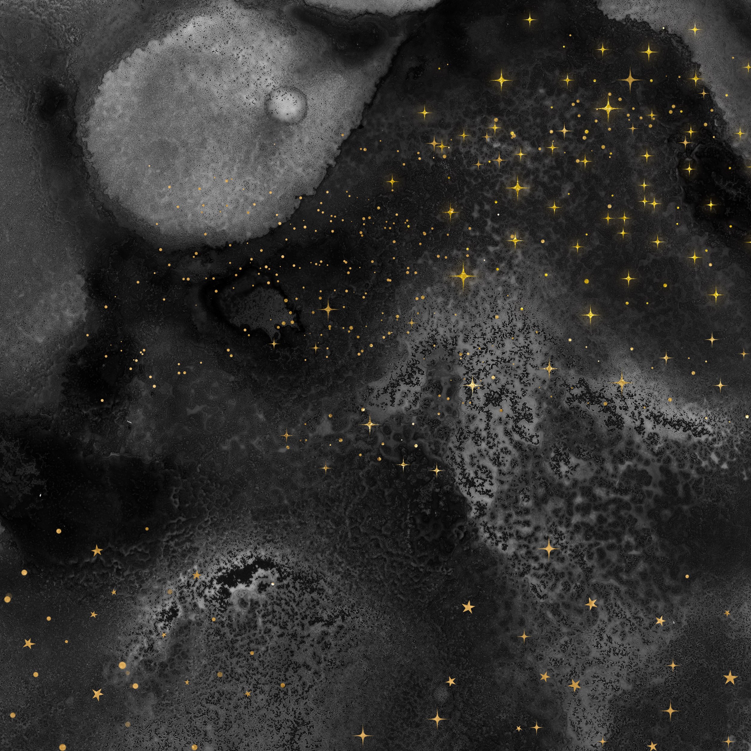 A dark, cosmic background with yellow star-shaped sparkles scattered across it, creating a galaxy-like scene.