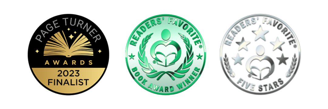 Three award badges: Page Turner Awards 2023 Finalist, Readers' Favorite Book Award Winner, and a Five Stars Readers' Favorite badge.