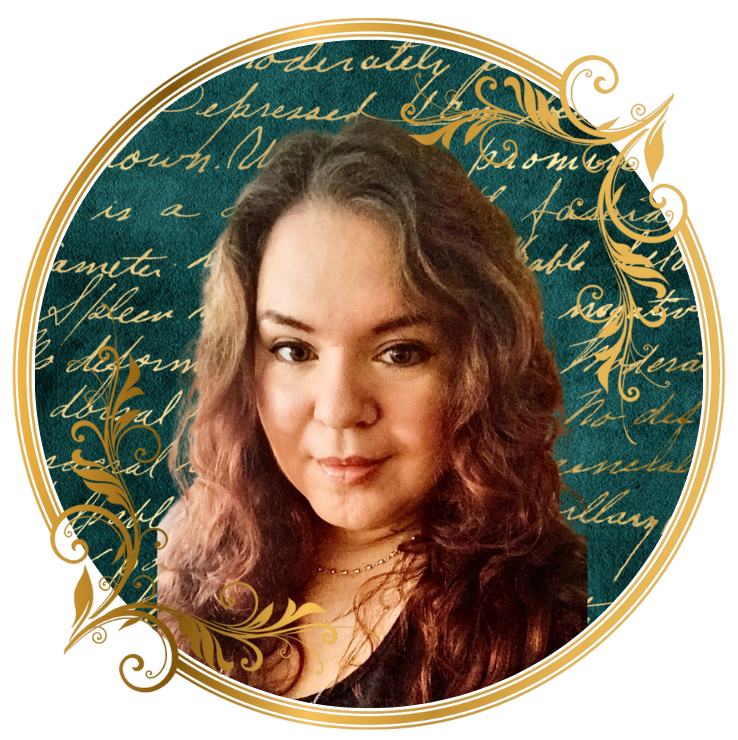A woman with long, wavy brown hair and a subtle smile, wearing a black top and a necklace, posed in front of a background of handwritten script inside a circular ornate gold frame with decorative gold swirls and red accents.