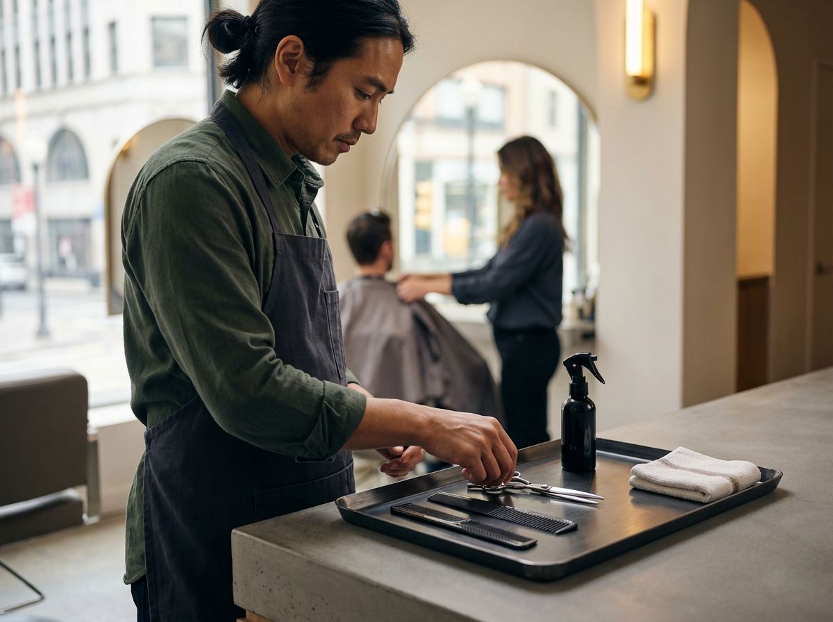A hairstylist preparing hair cutting tools on a counter, with a customer getting a haircut in the background inside a modern salon.