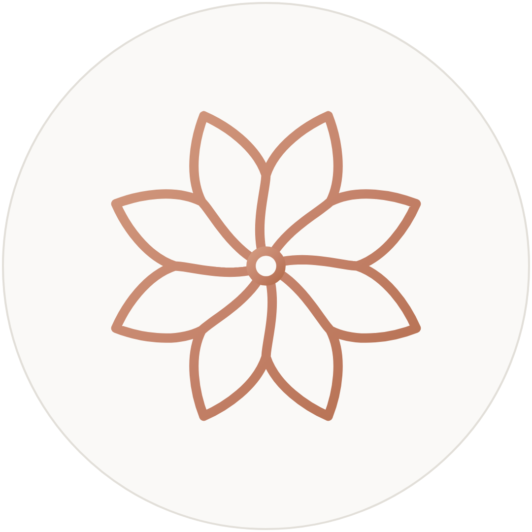 A Curated Passport flower logo in terracotta; 1 of the brand logos.