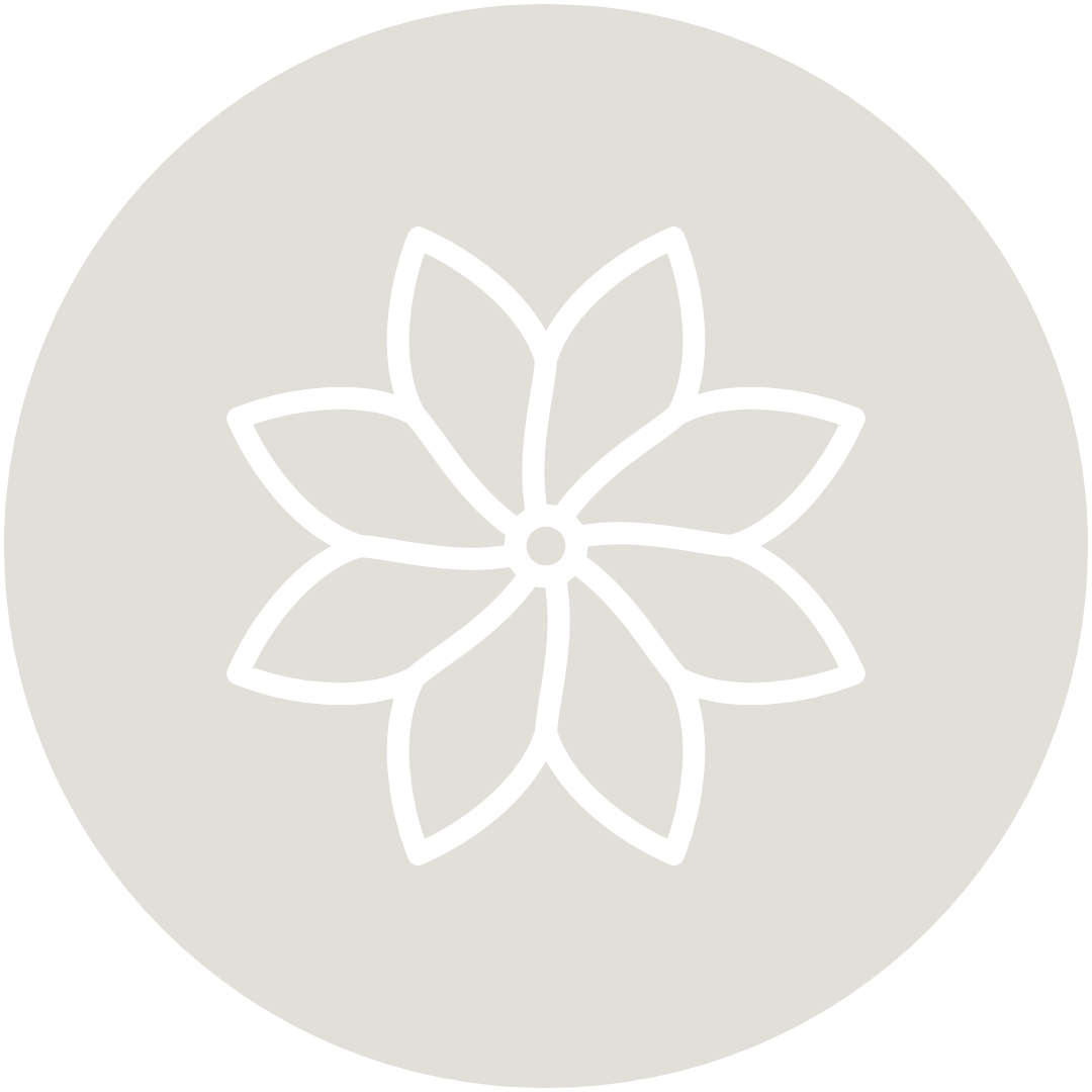 A Curated Passport flower logo in sand; 1 of the brand logos.