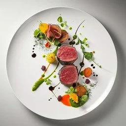 Fine dining plate of seared beef medallions with seasonal garnishes; Taste.