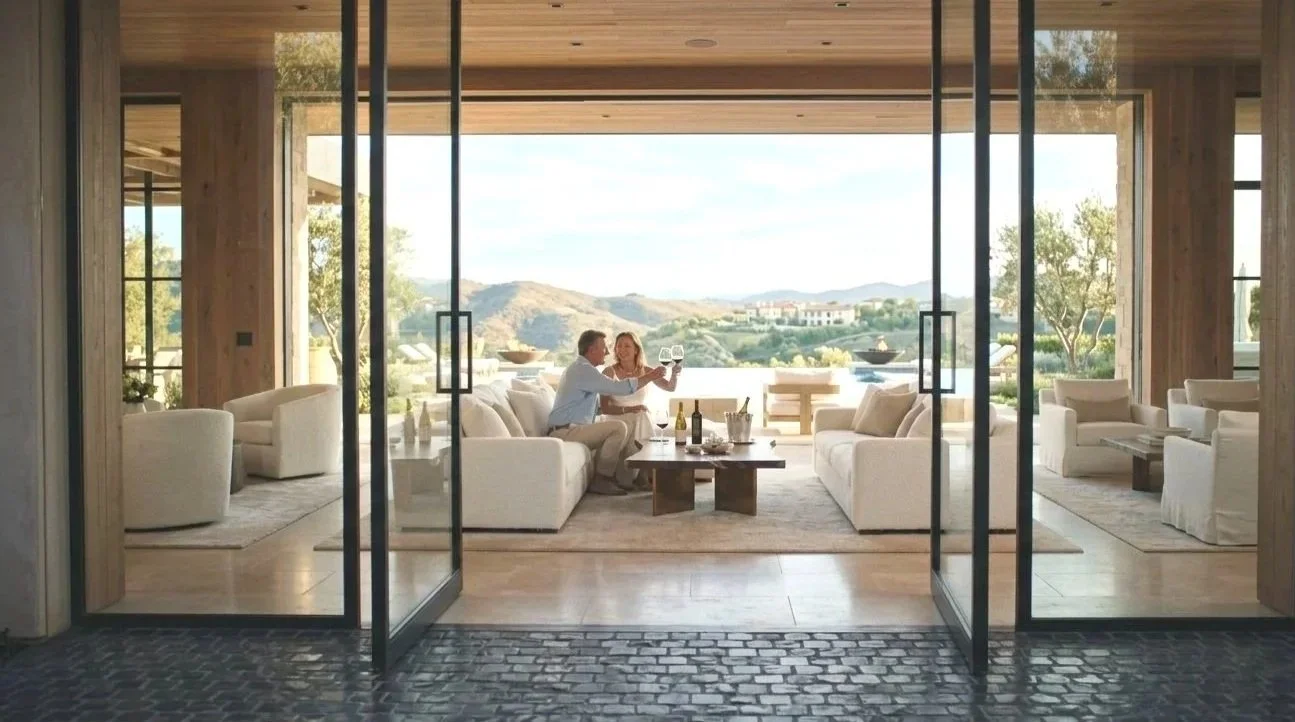 Couple toasting with wine in a luxury villa overlooking the hills