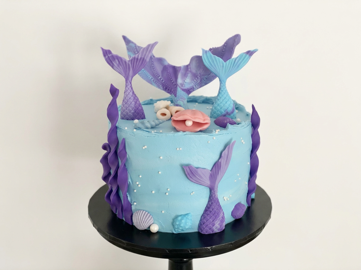 A light blue cake decorated with purple and blue mermaid tails, seashells, a pink coral, and edible beads, giving an underwater mermaid theme. Buttercream cake. mermaid cake. vegan cake. cakes in exmouth. exmouth cake. ocean cake