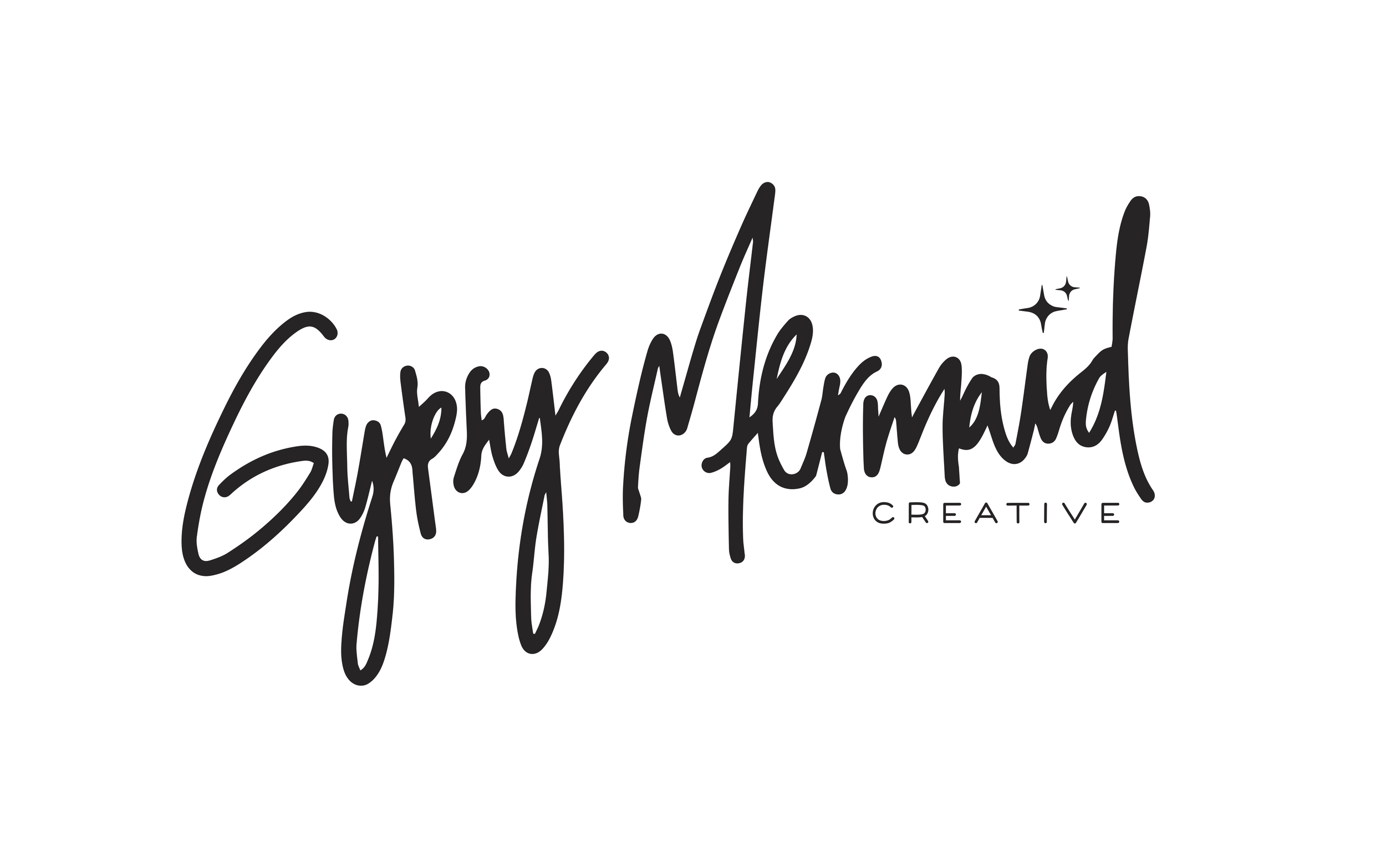 Black handwritten style text reads "Gypsy Mermaid" with two small star icons and the word "CREATIVE" below in smaller black font on a white background. Gypsy Mermaid creative