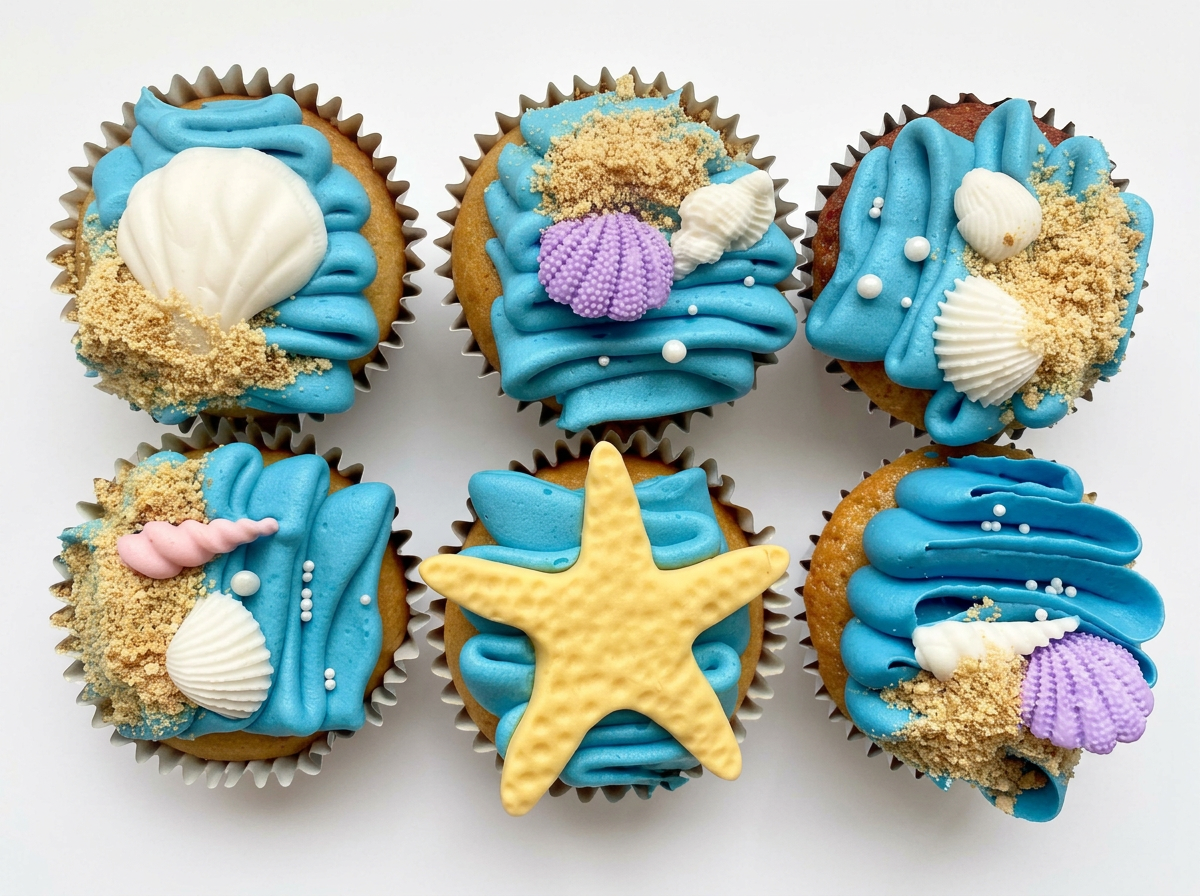 Six cupcakes decorated with blue frosting and ocean-themed embellishments, including seashells, starfish, and sand-like crumbs. Buttercream cupcake. ocean themed  cupcake. vegan cupcake. cakes in exmouth. exmouth