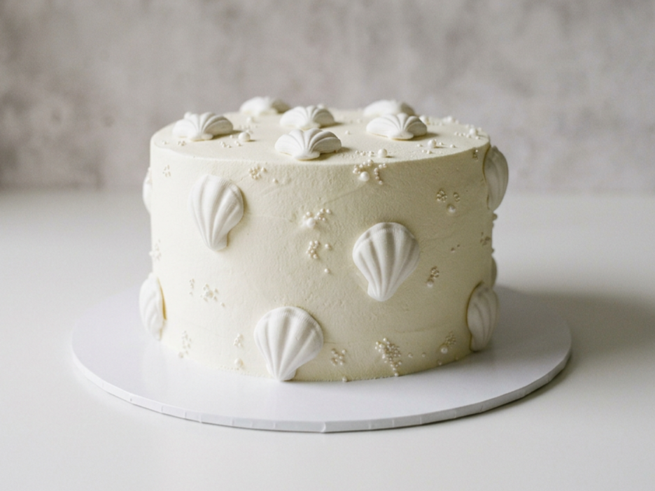 White cake decorated with white seashell-shaped embellishments on a white cake board. Buttercream cake. shell cake. vegan cake. cakes in exmouth. exmouth cake