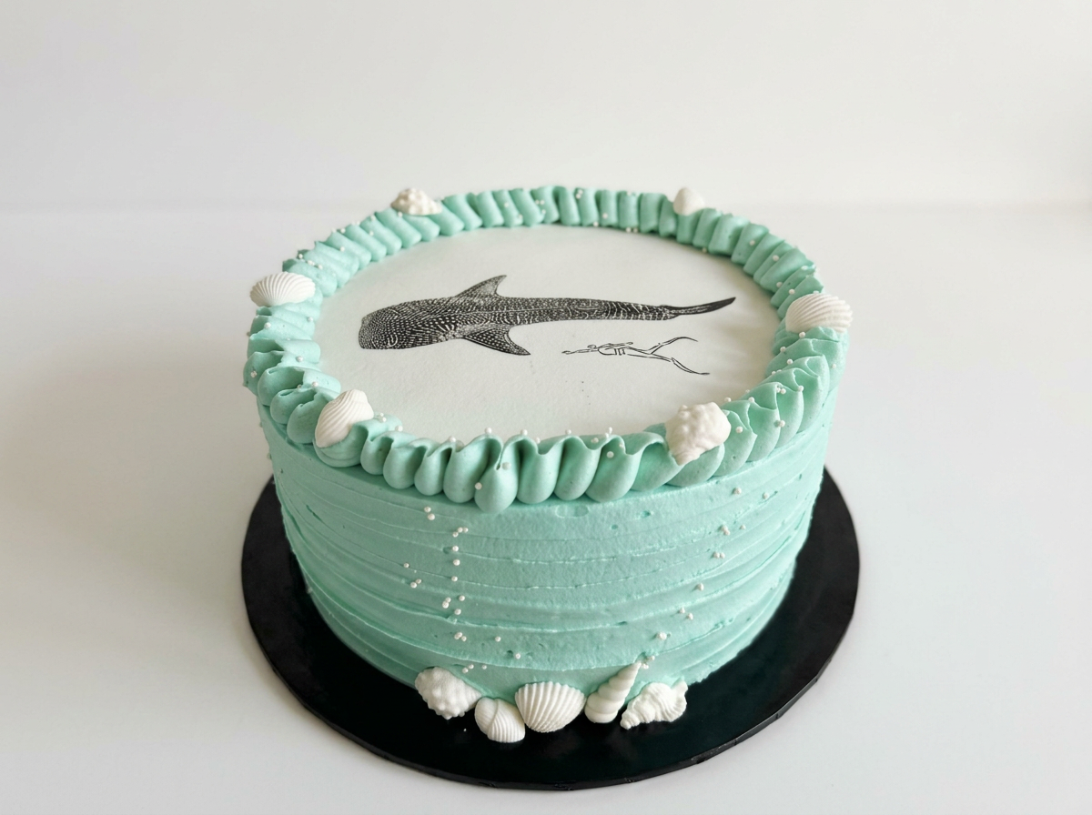 A round cake decorated with light blue frosting, topped with white shell-shaped decorations. The cake features an edible image of a whaleshark. whaleshark swim cake. Buttercream cake. Whaleshark cake. vegan cake. cakes in exmouth. exmouth cake