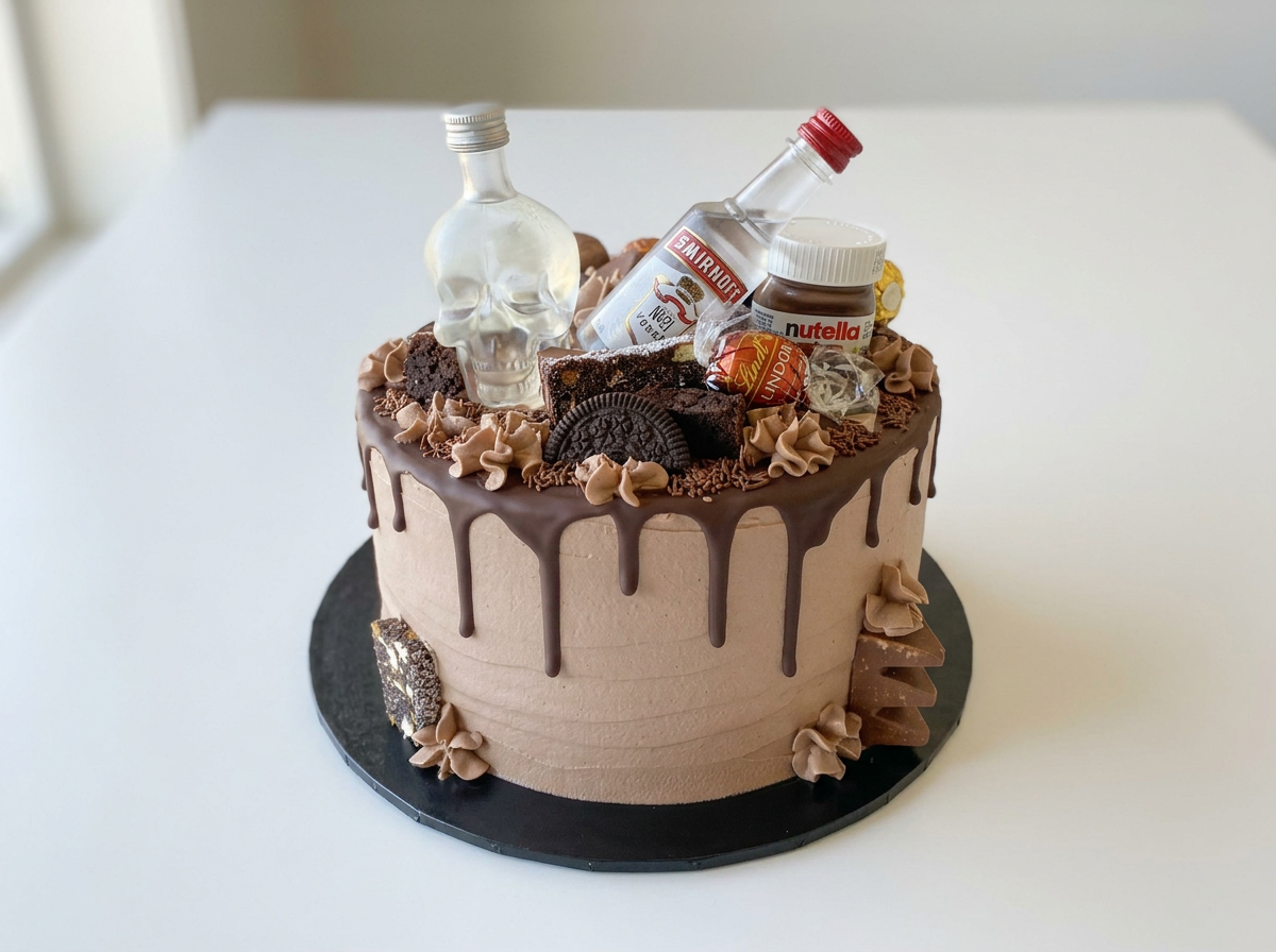 Chocolate cake with a drip design, topped with candies, cookies, and miniature bottles, on a white surface. chocolate loaded cake. Buttercream cake. chocloate cake. vegan cake. cakes in exmouth. exmouth cake