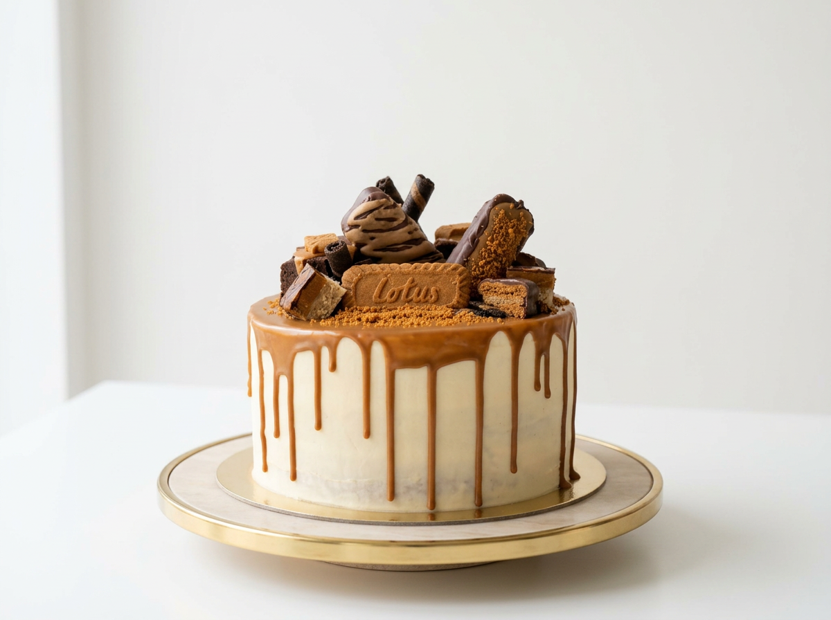 Chocolate and caramel decorated cake with assorted chocolates on top, placed on a gold-rimmed cake board. Buttercream cake. biscoff loaded cake. vegan cake. cakes in exmouth. exmouth cake