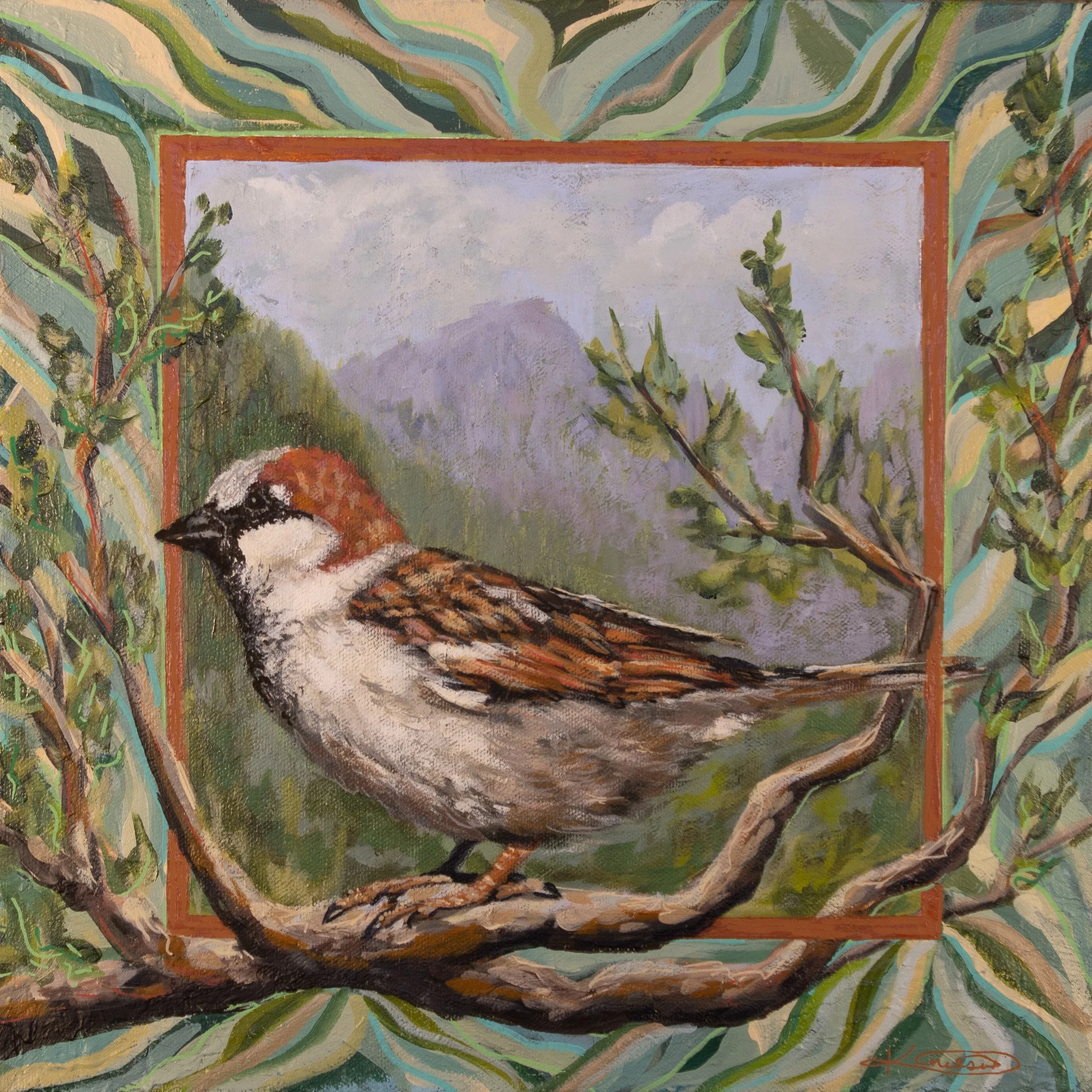 Backyard Sparrow - Acrylic on canvas, 14" x 14"