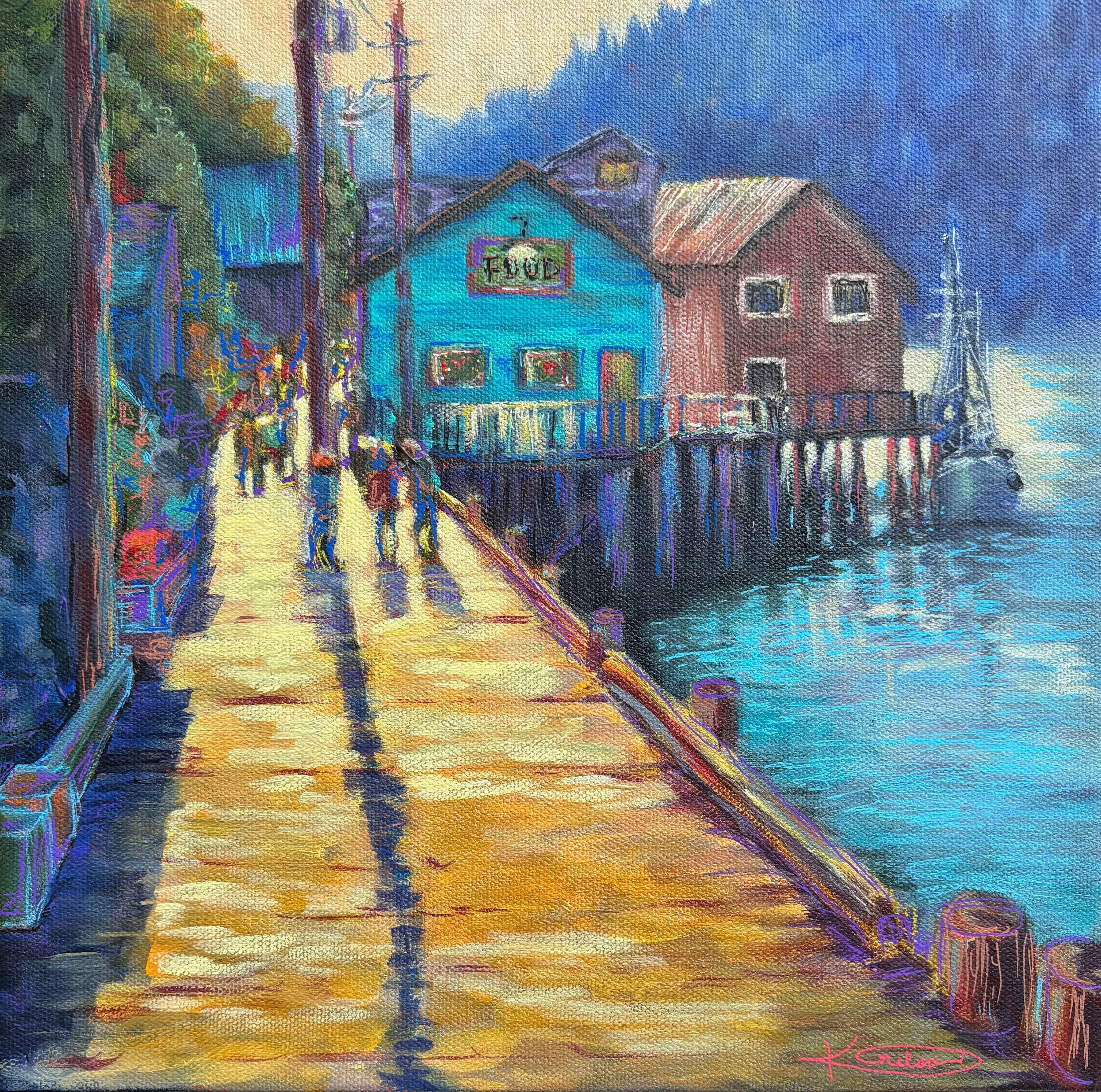 Dinner on the Pier - Acrylic on canvas, 12" x 12"
