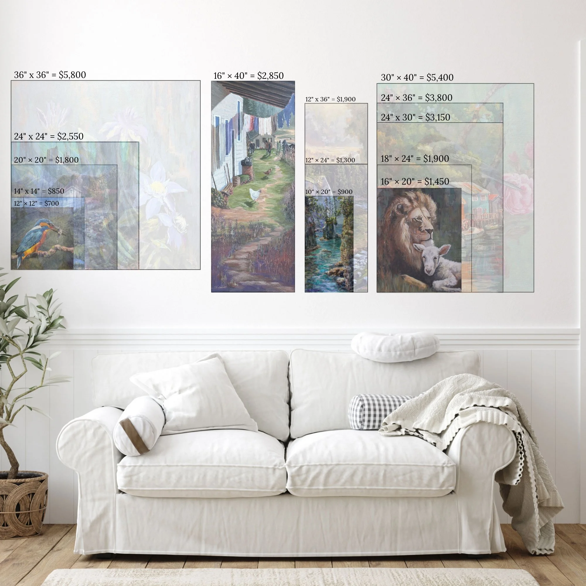White living room sofa beneath a gallery of wildlife and landscape paintings labeled with sizes and prices