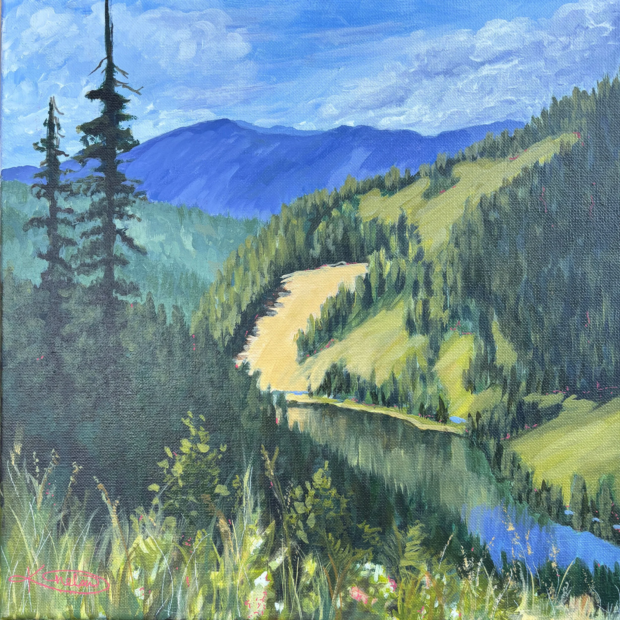 Vibrant landscape painting of evergreen trees, forested mountains, a winding dirt trail, and a blue sky with clouds