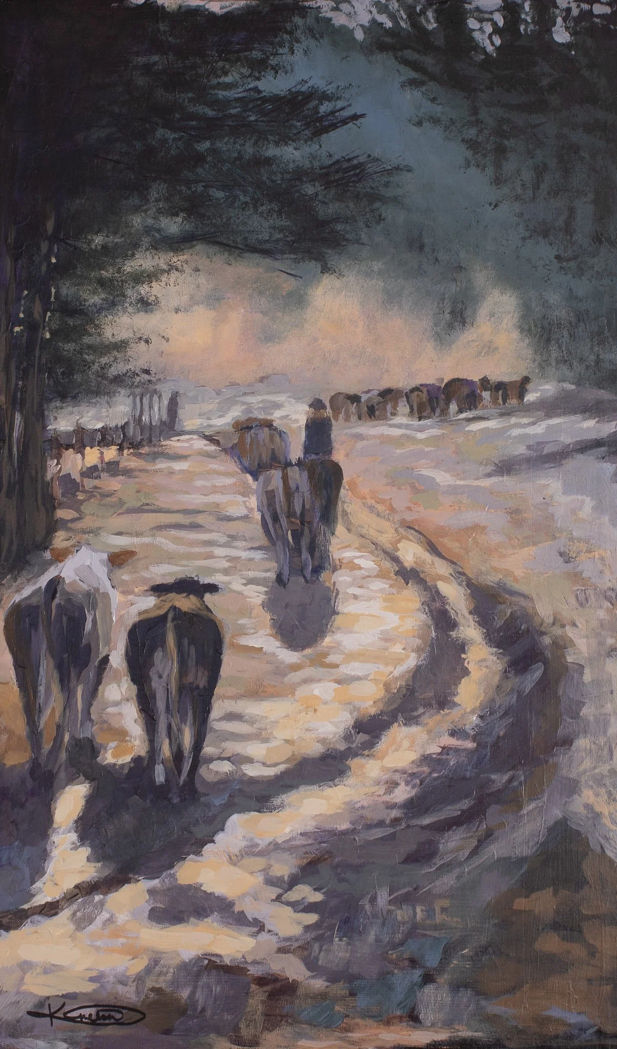 Cattle Drive - Acrylic on wood board, 11.75" x 20.75"