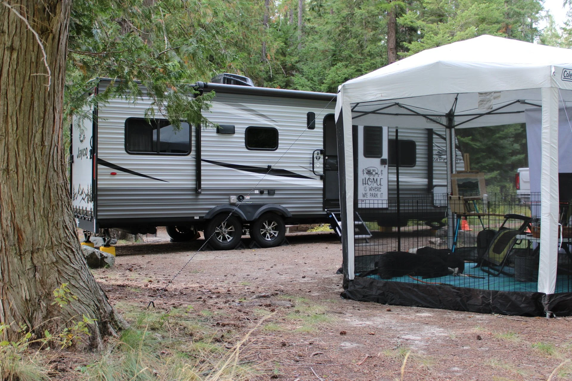 Jayco travel trailer and screened canopy at a forest campground