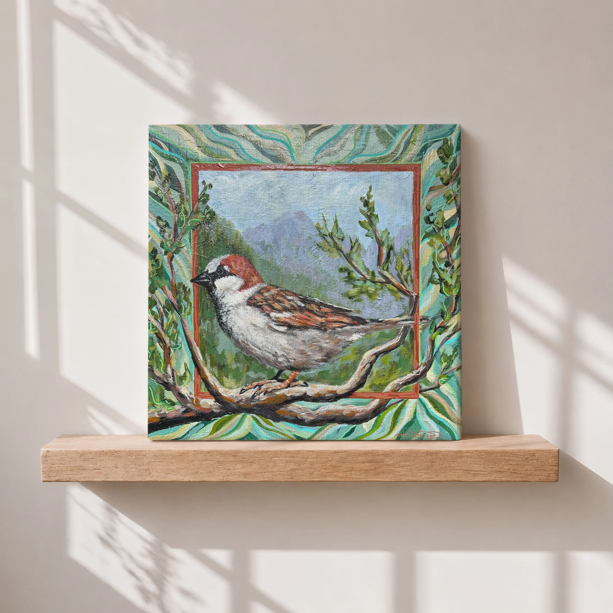 Backyard Sparrow: 14"X14" Original Acrylic Painting