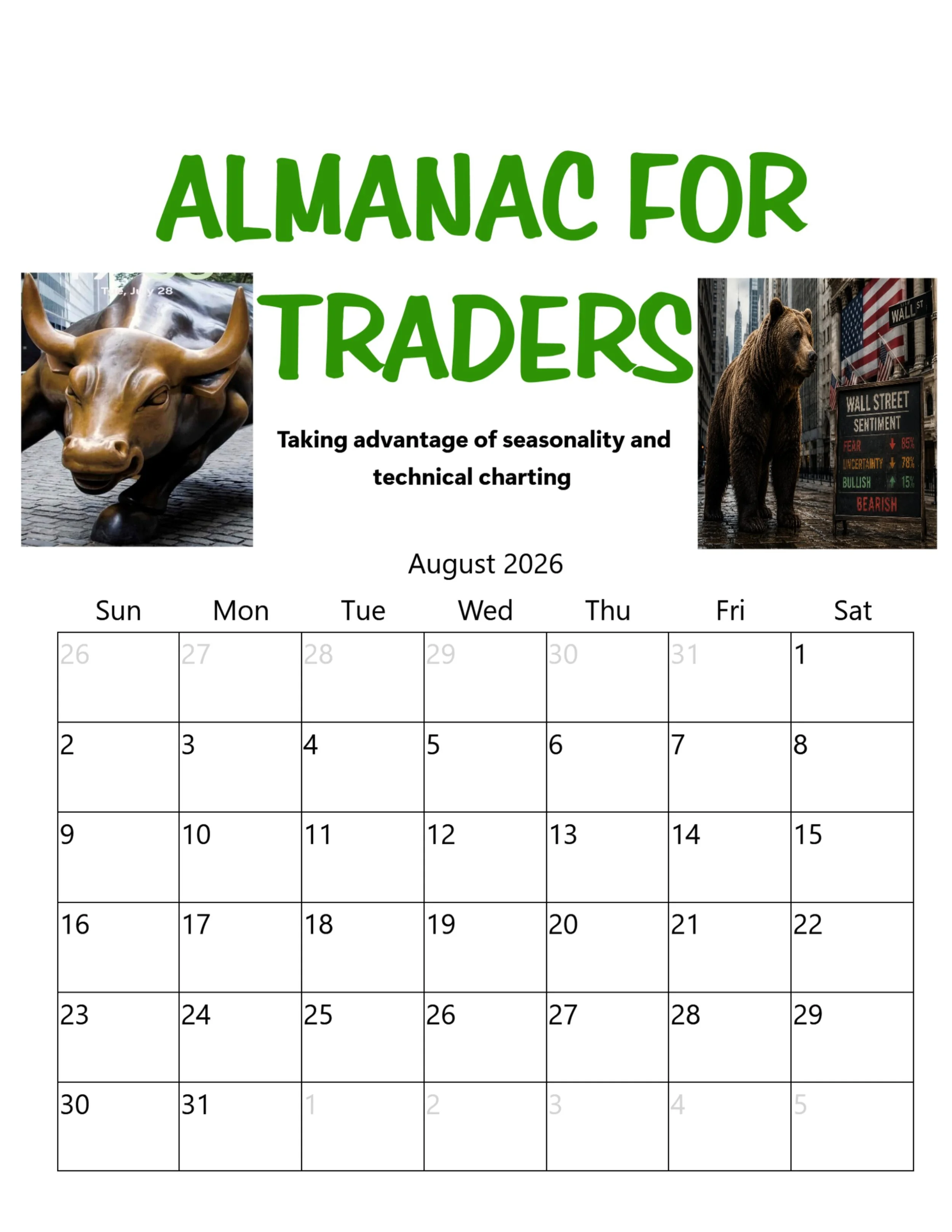 Cover page of an investment calendar titled "Almanac for Traders" for August 2026 with images of a bull statue and a bear on Wall Street