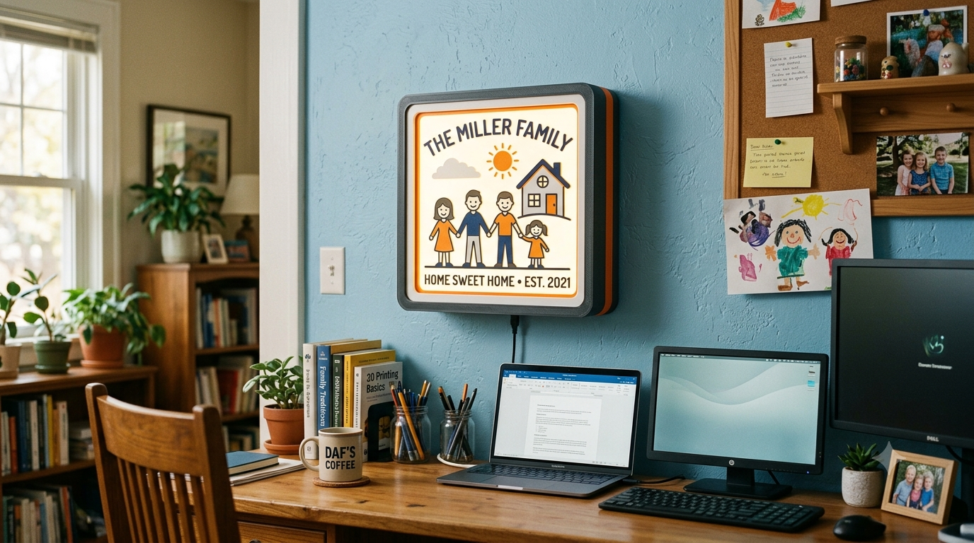 A home office with a wooden desk, three computer monitors, a laptop, books, potted plants, a coffee mug, and personal photos. On the blue wall, there is a backlit sign with a family illustration and the text "The Miller Family, Home Sweet Home, Est. 2021." A corkboard with notes, drawings, and photos is also visible.