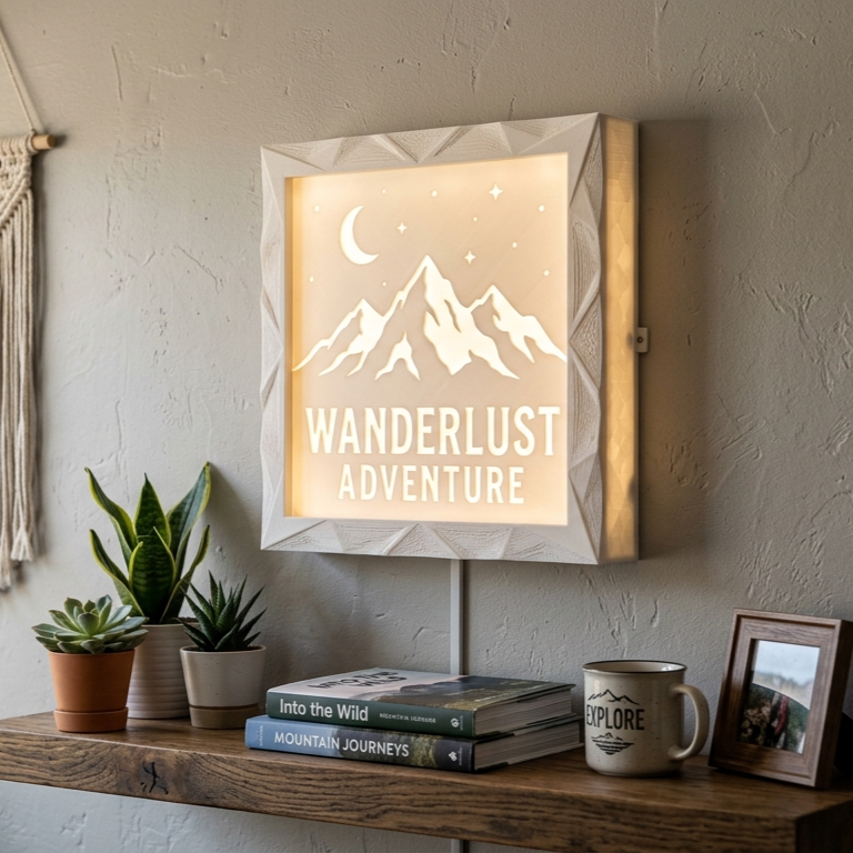 Decorative wall light with mountain, moon, and stars design, featuring the words 'Wanderlust Adventure' illuminates a wall above a wooden shelf. The shelf holds potted plants, stacked books, a framed photograph, and a mug.
