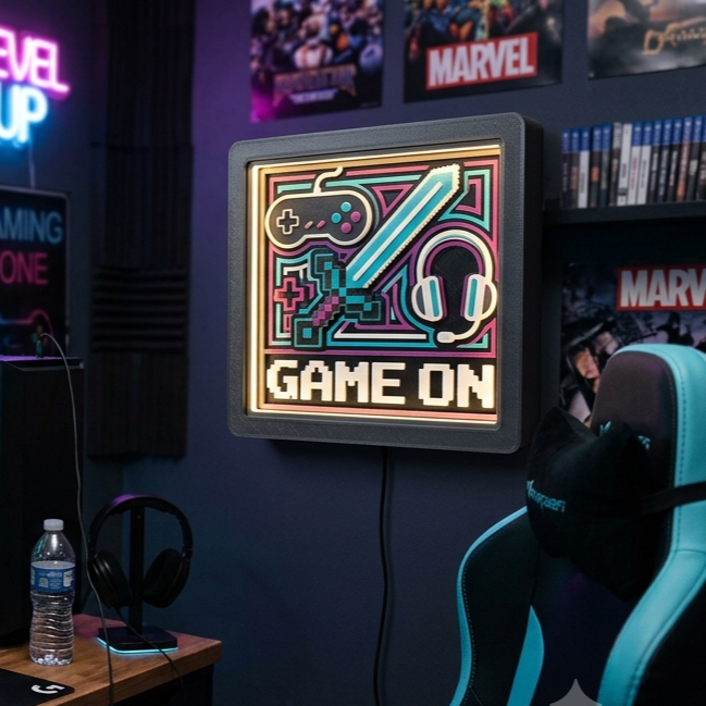 Neon game-themed artwork with game controller, sword, headphones, and the words "GAME ON" on a wall in a gaming room with shelves of video games and Marvel posters.