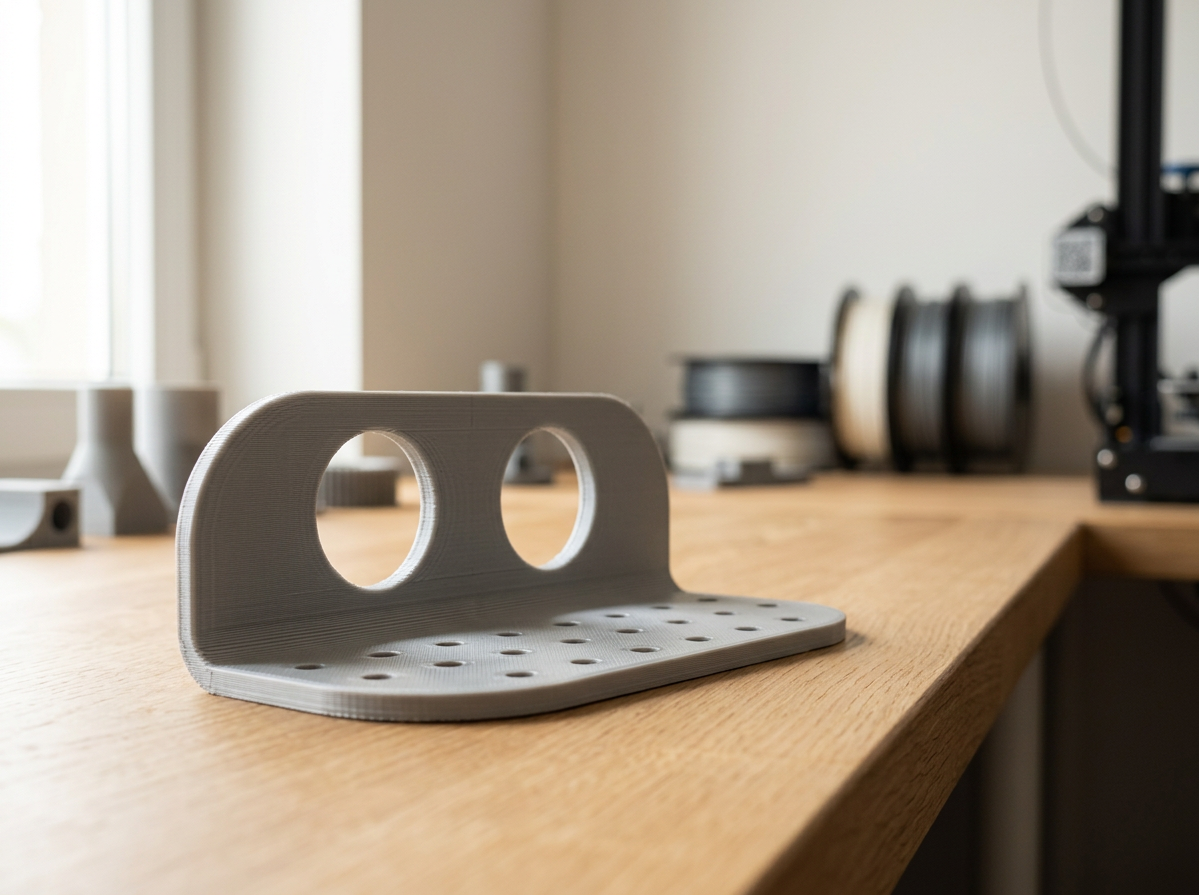 3D-printed gray stand with two circular holes on a wooden table, with various spools of filament and a 3D printer in the background.