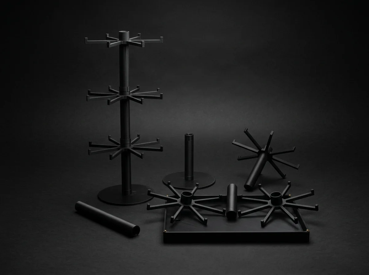 Disassembled black metal jewelry or earring display stand on a black background.