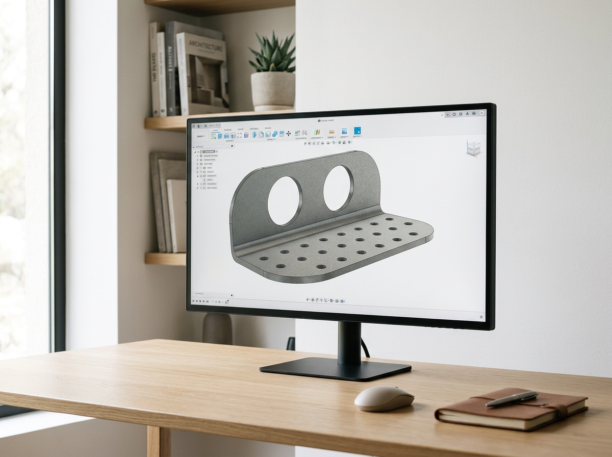 Desk with monitor displaying 3D CAD design of a bracket with two circular holes and a perforated base. Also on desk are mouse and notebook with pen. Shelves with books and a potted plant in background.
