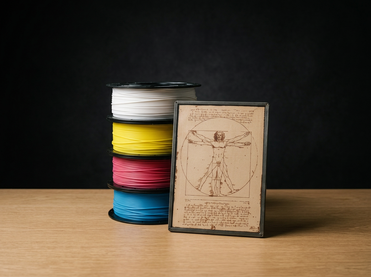 A stack of colored filament spools with a framed drawing of Leonardo da Vinci's Vitruvian Man in front of them, placed on a wooden surface against a black background.